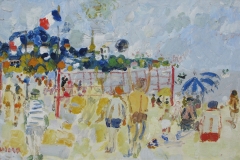 Fusaro, Personnages sur la plage, Huile sur contreplaqué, 32,5 cm x 50 cm