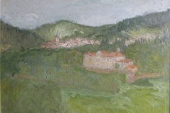 Eric Gouttard,Vanosc, village de l’Ardèche, Huile sur aggloméré, 50 cm x 65 cm, 2006